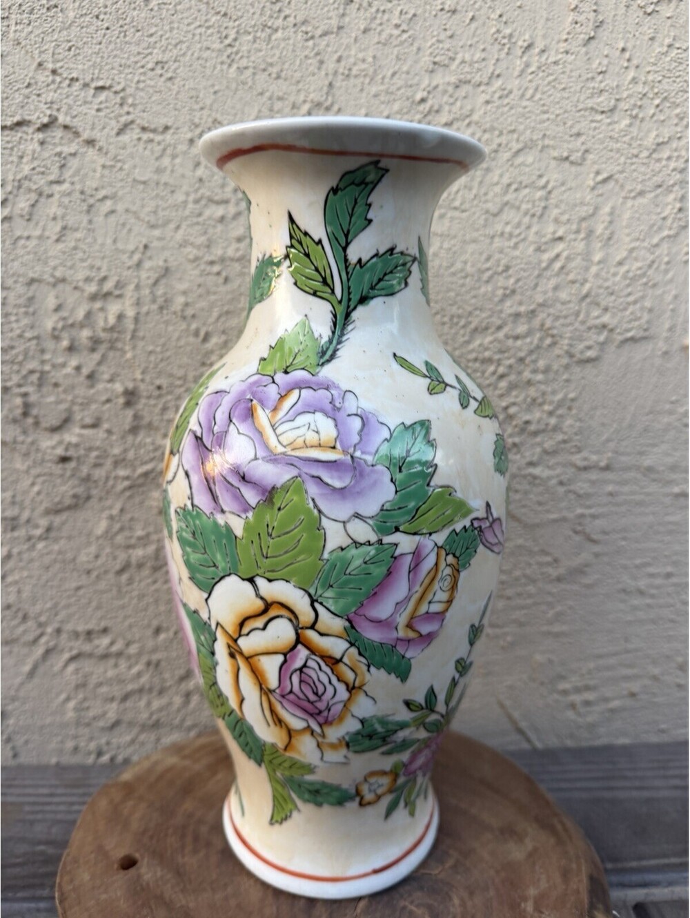 Vintage Chinese Hand-Painted Porcelain Floral Vase – Yellow & Purple Roses